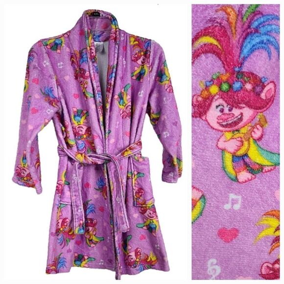 Trolls Girl's 10/12 Poppy Minky Plush Fleece Bathrobe Pink Robe Pockets Belted - Picture 1 of 8